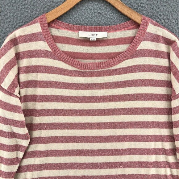 LOFT Sweater Womens Medium Pink Striped Glitter Knit 3/4 Sleeve Pullover Stretch - Picture 2 of 9